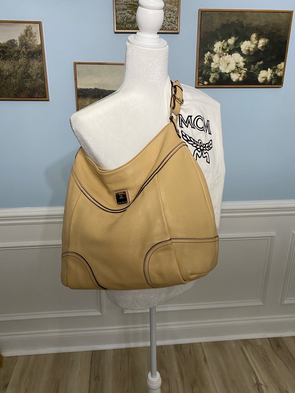 MCM Beige Leather Hobo Bag